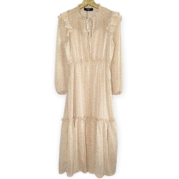 o.p.t Dresses & Skirts - O.P.T Dress Floral Tiered Midi Neutral Chiffon Beige Gold Prairie Dress